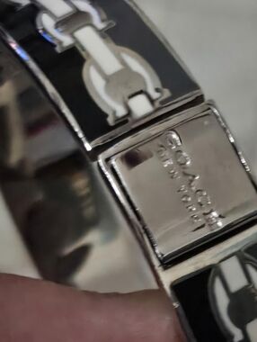 Coach Enamel Hinged Bangle Bracelet Signature C Link Black Gray White Silver
